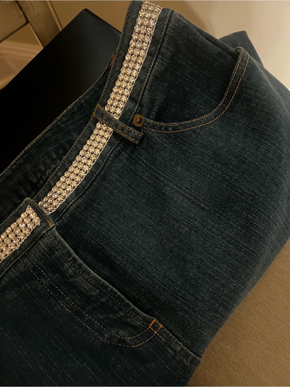 INC International Concepts Stretch Denim Flare Leg Jeans with Rhinestone Belt